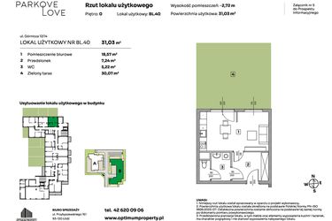 Rzut - Mieszkanie na sprzedaż 1 pokój o powierzchni 31,03 m² - numer BL.40 w Parkove Love - apartamenty inwestycyjne
