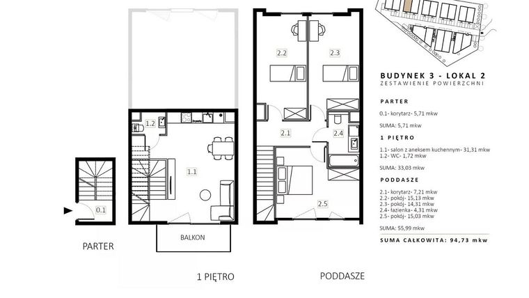 Rzut - Mieszkanie na sprzedaż 3 pokoje o powierzchni 96,1 m² - numer B3/M2 w Wille Estezja