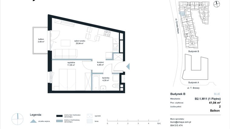 Rzut - Mieszkanie na sprzedaż 2 pokoje o powierzchni 41,04 m² - numer B2.1.M11 w EMaya