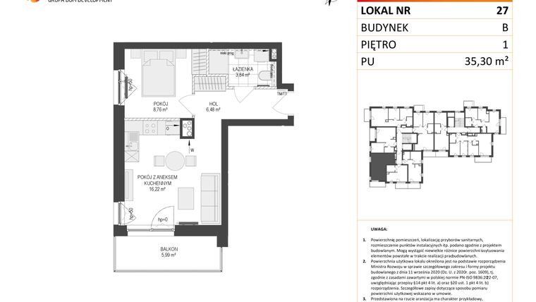 Rzut - Mieszkanie na sprzedaż 2 pokoje o powierzchni 35,3 m² - numer B.27 w Osiedle Warszawska etap III