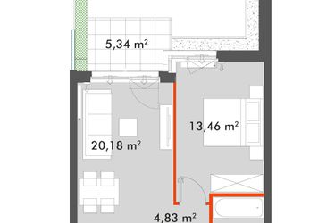 Rzut - Mieszkanie na sprzedaż 2 pokoje o powierzchni 43,48 m² - numer F1.B.00.02 w Splot Wola