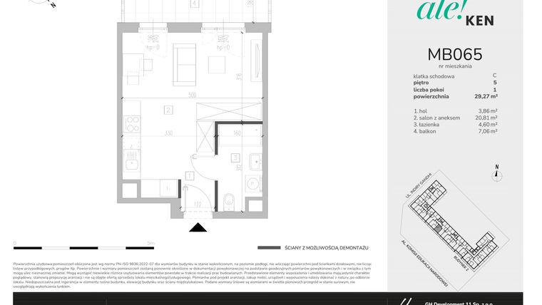 Rzut - Mieszkanie na sprzedaż 1 pokój o powierzchni 29,27 m² - numer MB065 w Ale!Ken etap 2