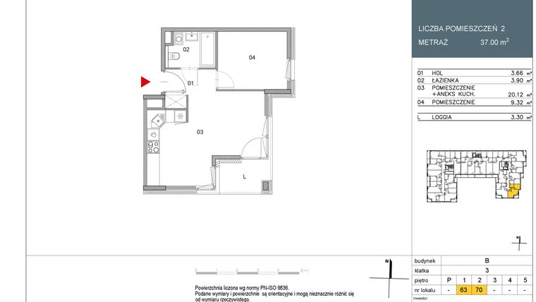 Rzut - Mieszkanie na sprzedaż 2 pokoje o powierzchni 37 m² - numer 70 w Morwowa 3 - Apartamenty Inwestycyjne