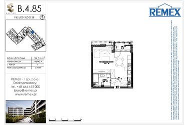 Rzut - Mieszkanie na sprzedaż 1 pokój o powierzchni 34,31 m² - numer B.4.85 w Osiedle BALTICA