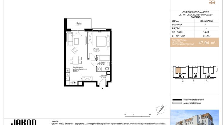 Rzut - Mieszkanie na sprzedaż 2 pokoje o powierzchni 47,94 m² - numer 1.A10 w Gombrowicza 33