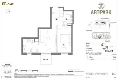 Rzut - Mieszkanie na sprzedaż 2 pokoje o powierzchni 42,89 m² - numer B.2.A412 w Inhome Osiedle ArtPark etap I