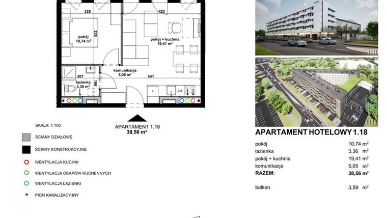 Rzut - Mieszkanie na sprzedaż 2 pokoje o powierzchni 38,5 m² - numer 1.18 w Apartamentowiec Zwycięska 3 - inwestycyjne