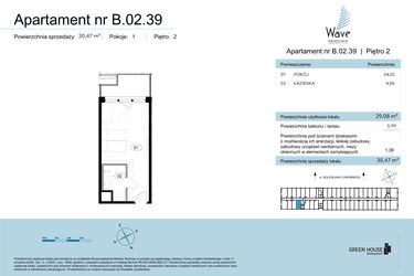 Rzut - Mieszkanie na sprzedaż 1 pokój o powierzchni 30,47 m² - numer B.02.39 w Wave Świnoujście Thermal & Spa