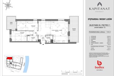 Rzut - Mieszkanie na sprzedaż 1 pokój o powierzchni 76,95 m² - numer 15.B w Kapitanat Apartamenty
