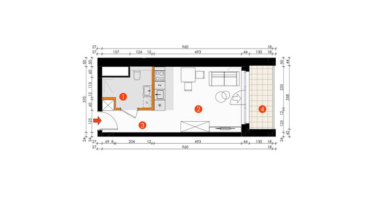 Rzut - Mieszkanie na sprzedaż 1 pokój o powierzchni 26,76 m² - numer F.1.1 w Platanowy Park etap IV