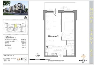 Rzut - Mieszkanie na sprzedaż 2 pokoje o powierzchni 47,05 m² - numer 36 w Nowe Sady 85
