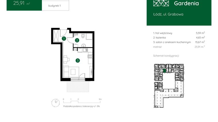 Rzut - Mieszkanie na sprzedaż 1 pokój o powierzchni 25,91 m² - numer 1.D.0.11 w Murapol Gardenia