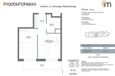 Rzut - Mieszkanie na sprzedaż 2 pokoje o powierzchni 32,65 m² - numer M13 w Madalińskiego