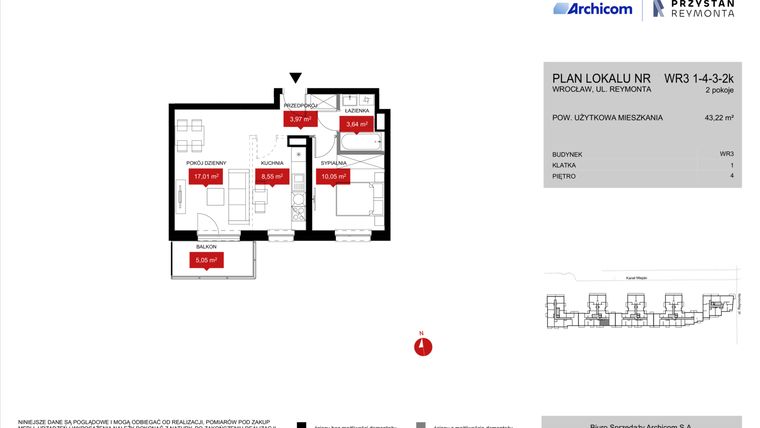 Rzut - Mieszkanie na sprzedaż 2 pokoje o powierzchni 43,22 m² - numer WR3 1/4/3/2k w Przystań Reymonta etap II