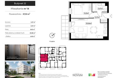 Rzut - Mieszkanie na sprzedaż 2 pokoje o powierzchni 37,53 m² - numer B22.M14 w Novum Rumia - bud. 22