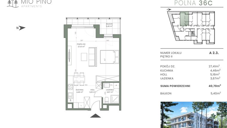 Rzut - Mieszkanie na sprzedaż 2 pokoje o powierzchni 40,7 m² - numer 2.3 w Mio Pino