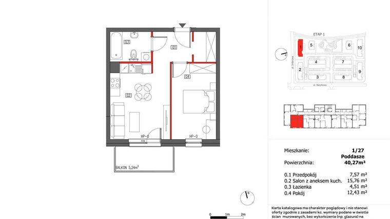 Rzut - Mieszkanie na sprzedaż 2 pokoje o powierzchni 40,27 m² - numer 1/27 w Słoneczny Zakątek