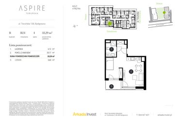 Rzut - Mieszkanie na sprzedaż 1 pokój o powierzchni 33,29 m² - numer B.24 w Aspire