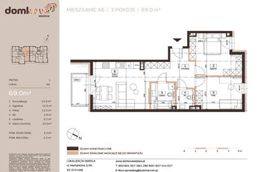 Rzut - Mieszkanie na sprzedaż 3 pokoje o powierzchni 69 m² - numer A6 w Domkove Widzew