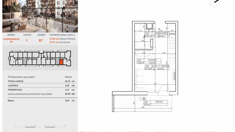Rzut - Mieszkanie na sprzedaż 1 pokój o powierzchni 27,21 m² - numer B67 w Symfonia - Chodkiewicza 9