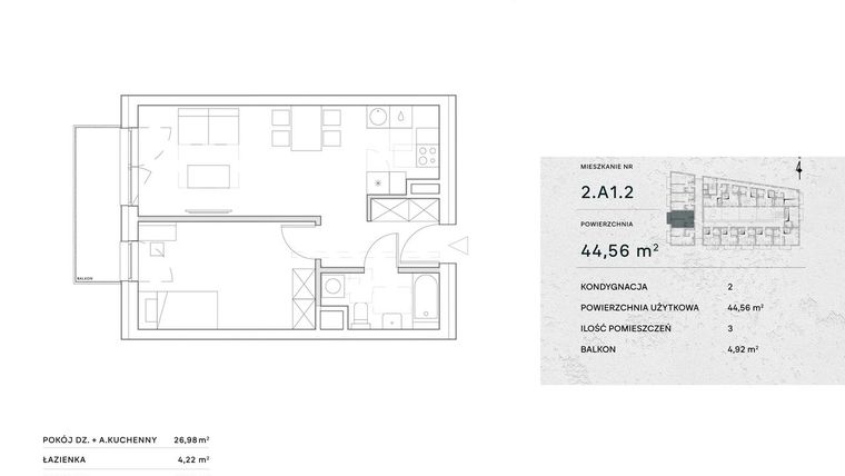 Rzut - Mieszkanie na sprzedaż 2 pokoje o powierzchni 44,56 m² - numer 2.A1.2 w Żernicka Park