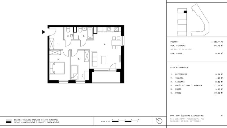 Rzut - Mieszkanie na sprzedaż 3 pokoje o powierzchni 56,58 m² - numer A3.P2 w Nocznickiego 29 bud. A