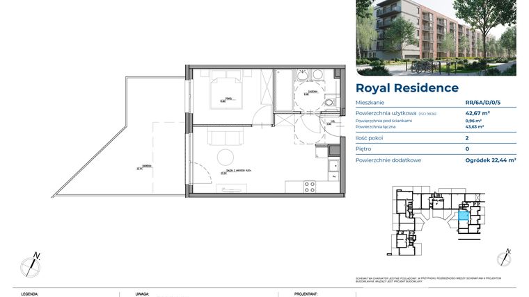 Rzut - Mieszkanie na sprzedaż 2 pokoje o powierzchni 42,67 m² - numer RR/6A/D/0/5 w Royal Residence 6A