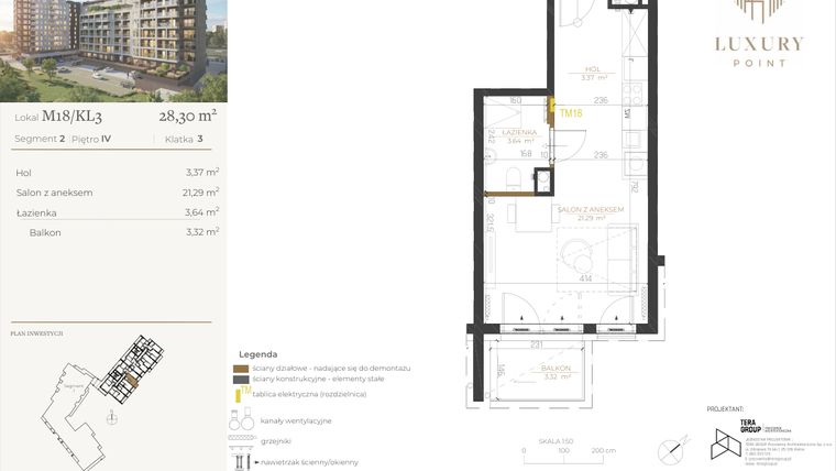 Rzut - Mieszkanie na sprzedaż 1 pokój o powierzchni 28,3 m² - numer M18/KL3 w LUXURY POINT
