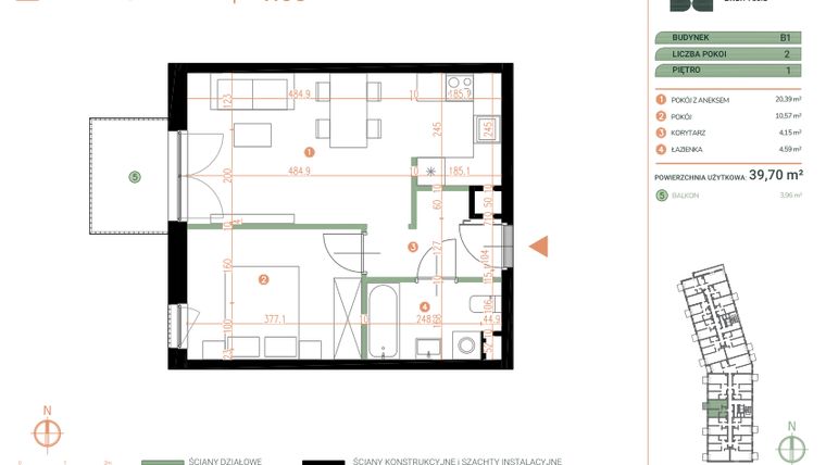 Rzut - Mieszkanie na sprzedaż 2 pokoje o powierzchni 39,7 m² - numer M.01.05 w Casa Feliz Portowa II