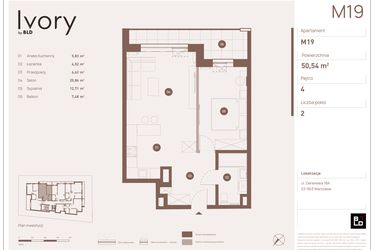 Rzut - Mieszkanie na sprzedaż 2 pokoje o powierzchni 50,54 m² - numer M19 w Ivory