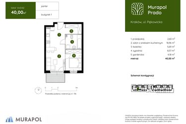 Rzut - Mieszkanie na sprzedaż 2 pokoje o powierzchni 40 m² - numer 1.A.0.02 w Murapol Prado