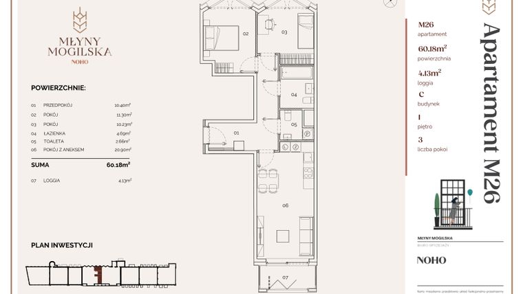 Rzut - Mieszkanie na sprzedaż 3 pokoje o powierzchni 60,1 m² - numer C.26 w Młyny Mogilska