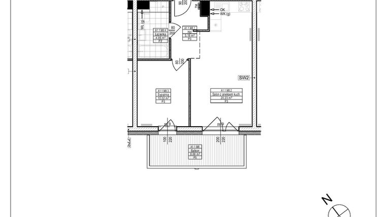 Rzut - Mieszkanie na sprzedaż 2 pokoje o powierzchni 40,38 m² - numer A1.8 w Osiedle Zielone bud. A1, B8