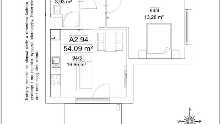 Rzut - Mieszkanie na sprzedaż 3 pokoje o powierzchni 54,09 m² - numer 5B/94 w FORTnatura etap II