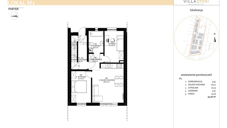 Rzut - Mieszkanie na sprzedaż 3 pokoje o powierzchni 50,06 m² - numer M3 w Villa Stoki (mieszkania)