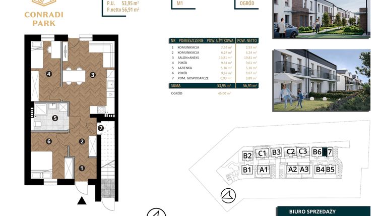 Rzut - Mieszkanie na sprzedaż 3 pokoje o powierzchni 56,91 m² - numer B7.M1 w Conradi Park etap II i III