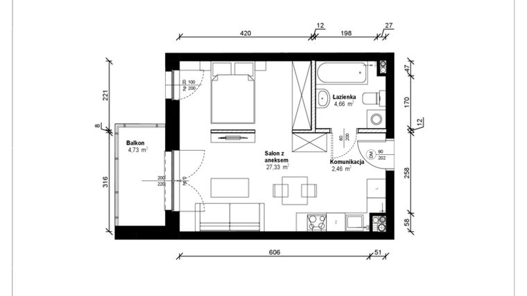 Rzut - Mieszkanie na sprzedaż 1 pokój o powierzchni 34,98 m² - numer B.1.20.1a w ATRIUM