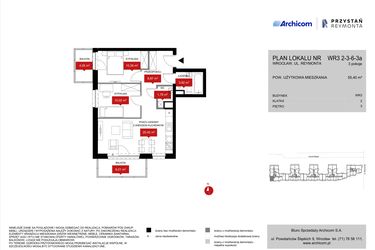 Rzut - Mieszkanie na sprzedaż 3 pokoje o powierzchni 55,4 m² - numer WR3 2/3/6/3a w Przystań Reymonta etap II