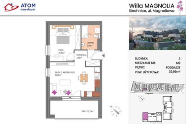 Rzut - Mieszkanie na sprzedaż 2 pokoje o powierzchni 39,99 m² - numer Bud.3-9 w Willa Magnolia