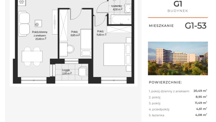 Rzut - Mieszkanie na sprzedaż 3 pokoje o powierzchni 49,62 m² - numer G1-53 w Piasta Park VI