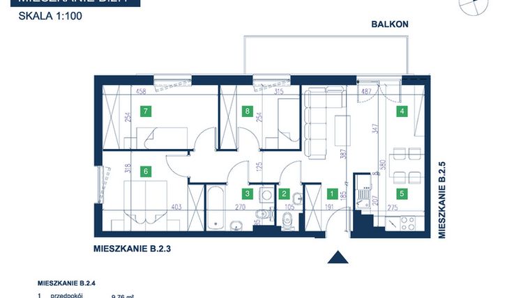 Rzut - Mieszkanie na sprzedaż 4 pokoje o powierzchni 69,4 m² - numer B.2.4 w EcoVista