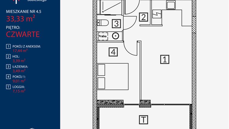 Rzut - Mieszkanie na sprzedaż 2 pokoje o powierzchni 33,33 m² - numer B2.M.4.5 w Tarasy Sobieskiego
