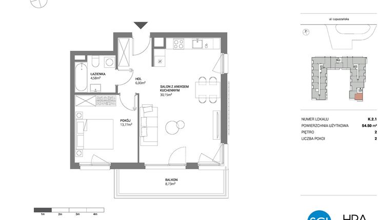 Rzut - Mieszkanie na sprzedaż 2 pokoje o powierzchni 54,5 m² - numer K.2.1 w Łopuszańska 47 - etap 3