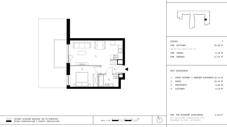 Rzut - Mieszkanie na sprzedaż 2 pokoje o powierzchni 39,99 m² - numer 1.A6 w Staszica 3