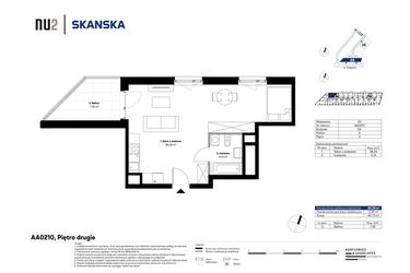 Rzut - Mieszkanie na sprzedaż 1 pokój o powierzchni 40,38 m² - numer AA0210 w NU2 Warszawa Wola - apartamenty wykończone pod klucz