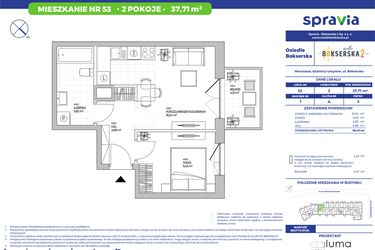 Rzut - Mieszkanie na sprzedaż 2 pokoje o powierzchni 37,71 m² - numer B1.53 w Osiedle Bokserska 2