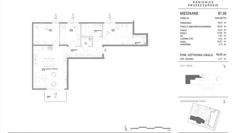 Rzut - Mieszkanie na sprzedaż 4 pokoje o powierzchni 90,45 m² - numer B1.08 w Kamienice Pruszczańskie