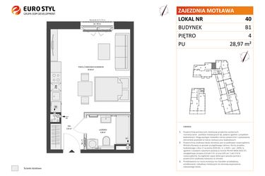 Rzut - Mieszkanie na sprzedaż 1 pokój o powierzchni 28,97 m² - numer B1.40 w Zajezdnia Motława