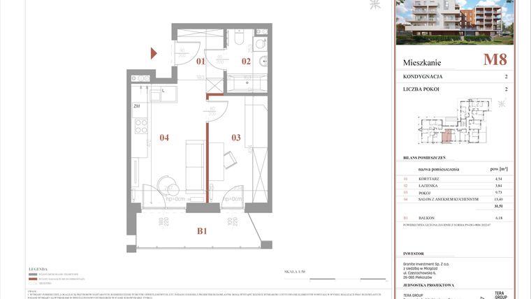 Rzut - Mieszkanie na sprzedaż 2 pokoje o powierzchni 31,51 m² - numer M8 w Warszawskie Wzgórze