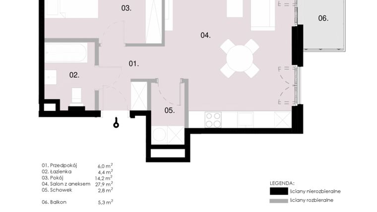Rzut - Mieszkanie na sprzedaż 2 pokoje o powierzchni 55,32 m² - numer M2.06 w Wola Vert